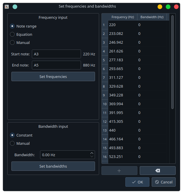 Frequency bandwidth dialog